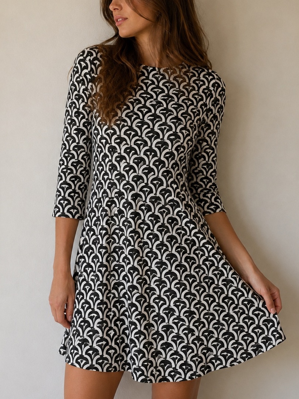 Barbara Gerwit Black White‎ Geometric Print A-Line Dress XS 3/4 Sleeve Stretch